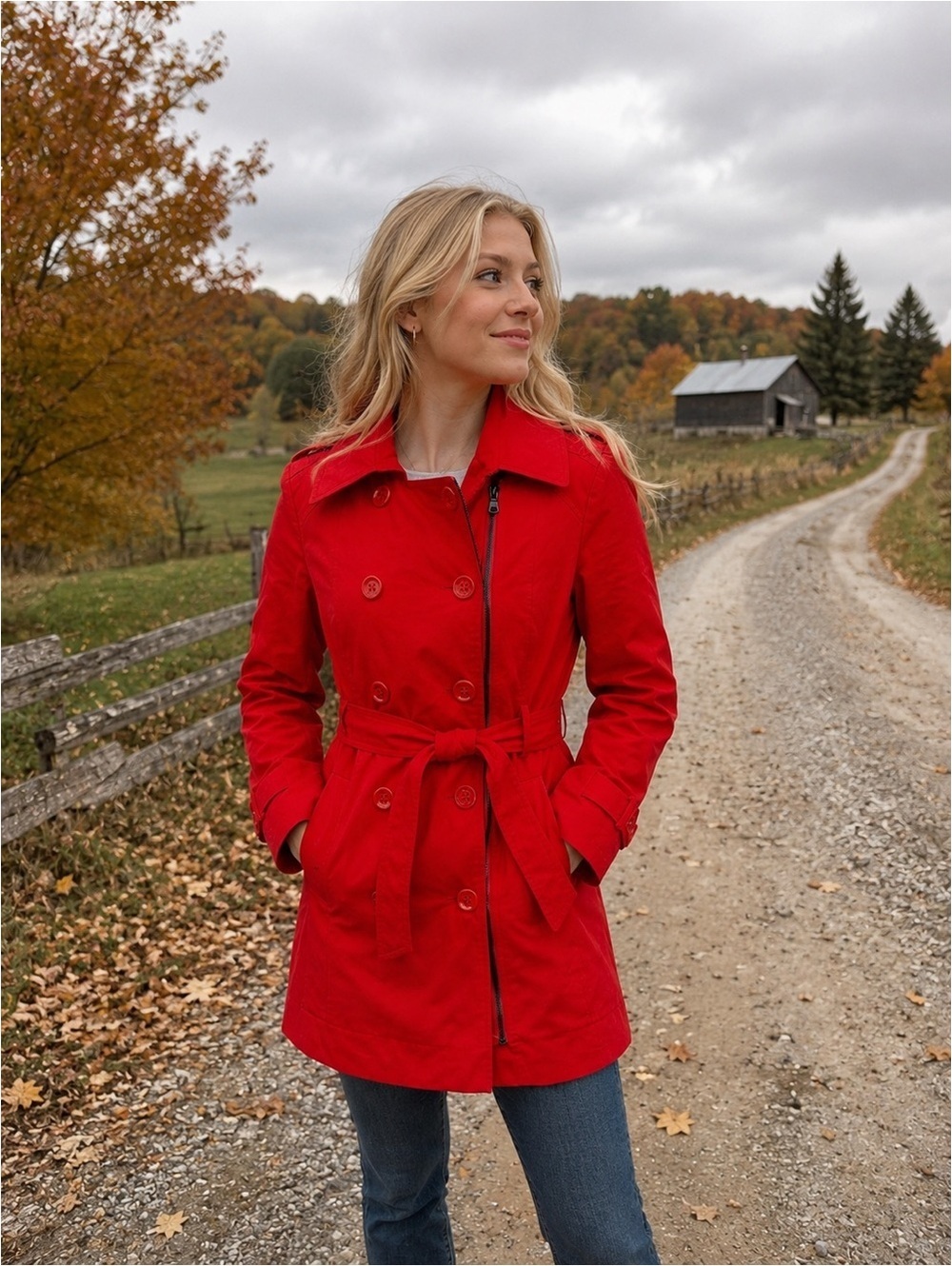 Vintage Guess Red Double Breasted Trench Coat Belted Women’s Medium
